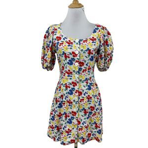 Rixo Dress Womens 0 Multi Linen Blend Floral Puff Sleeve Button Up A-Line Mini